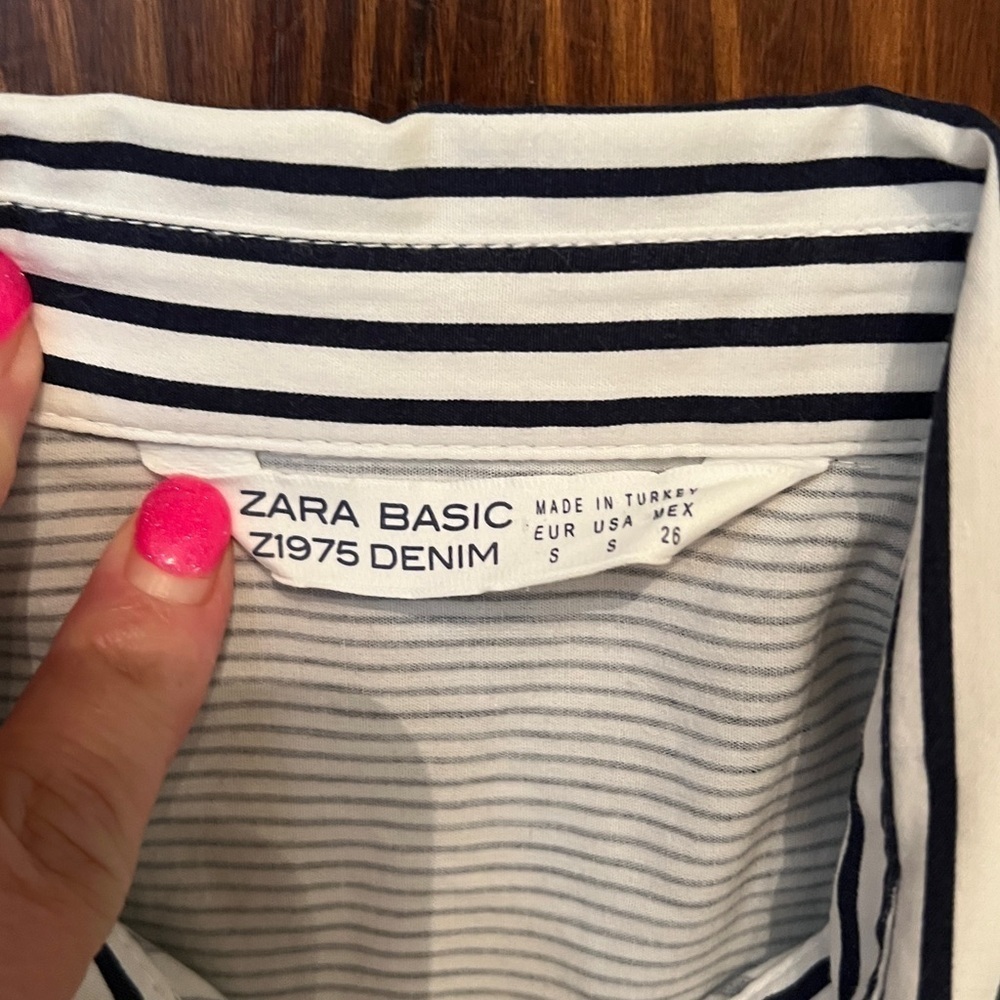 ZARA Basic Navy and White Striped button down pea… - image 7